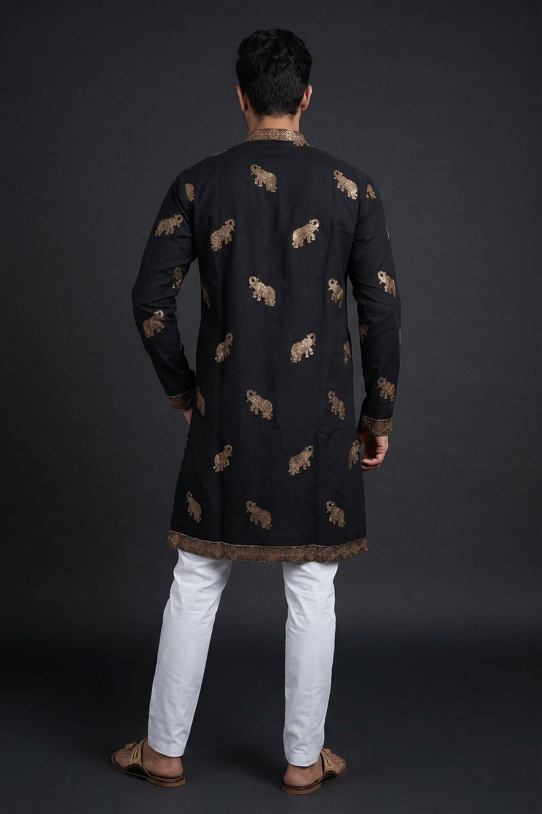 Black Regal Elephant Motif Festive Kurta