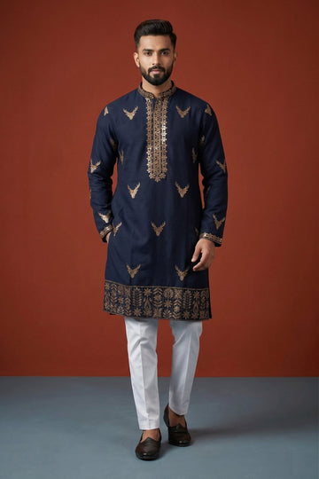 Royal Navy Deer Motif Embroidered Kurta