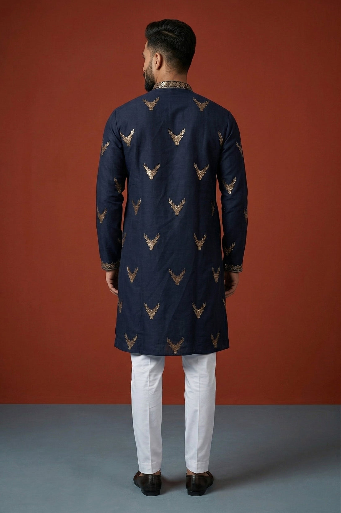 Royal Navy Deer Motif Embroidered Kurta