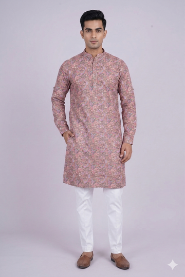 Pastel Pink Jacquard Style Men’S Kurta