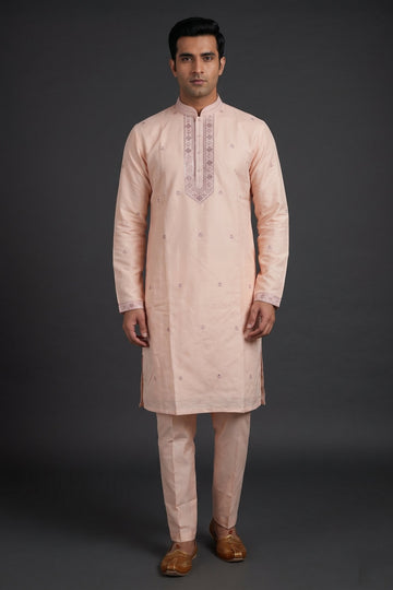 Blush Pink Embroidered Kurta Set For Men