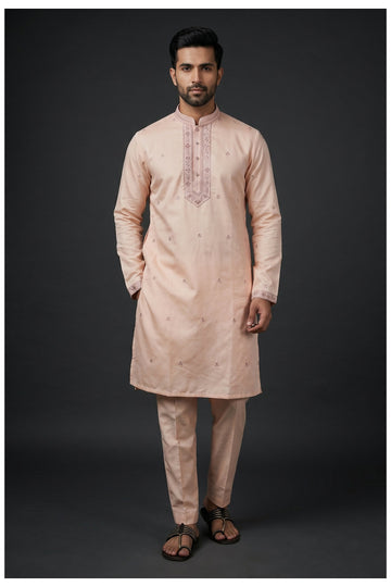 Peach Embroidered Men'S Kurta Set