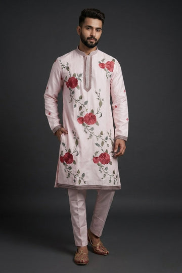 Pastel Pink Floral Embroidered Kurta Set For Men