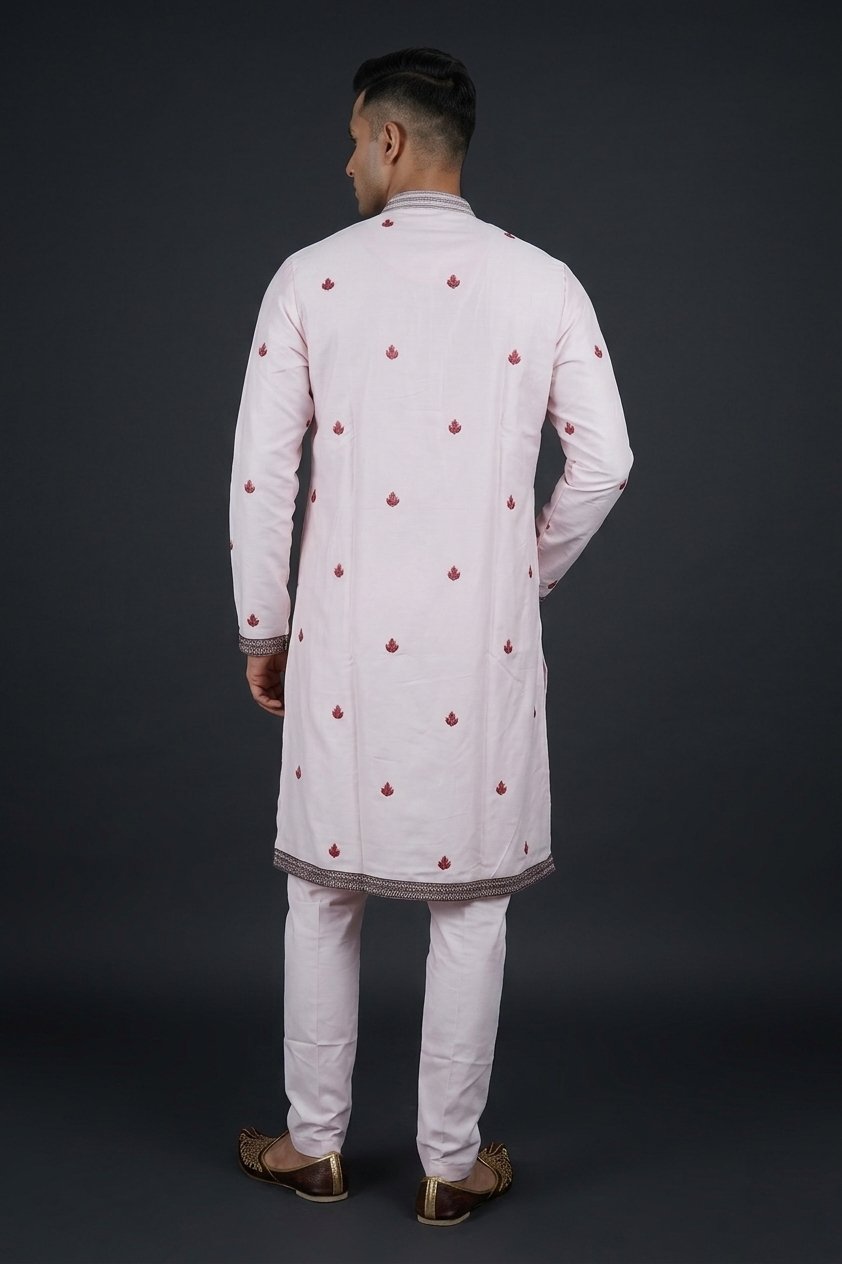 Pastel Pink Floral Embroidered Kurta Set For Men