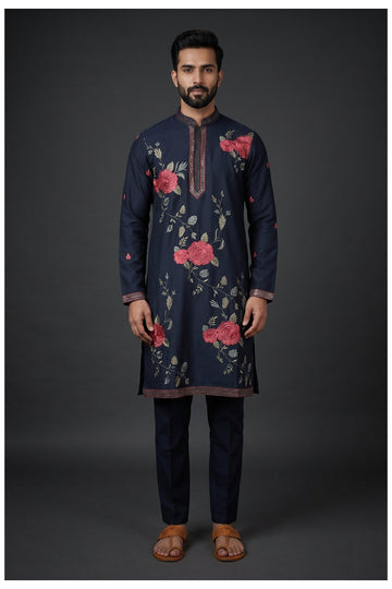 Navy Blue Embroidered Men'S Kurta Set