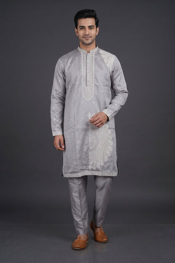 Silver Grey Embroidered Festive Kurta Set For Men