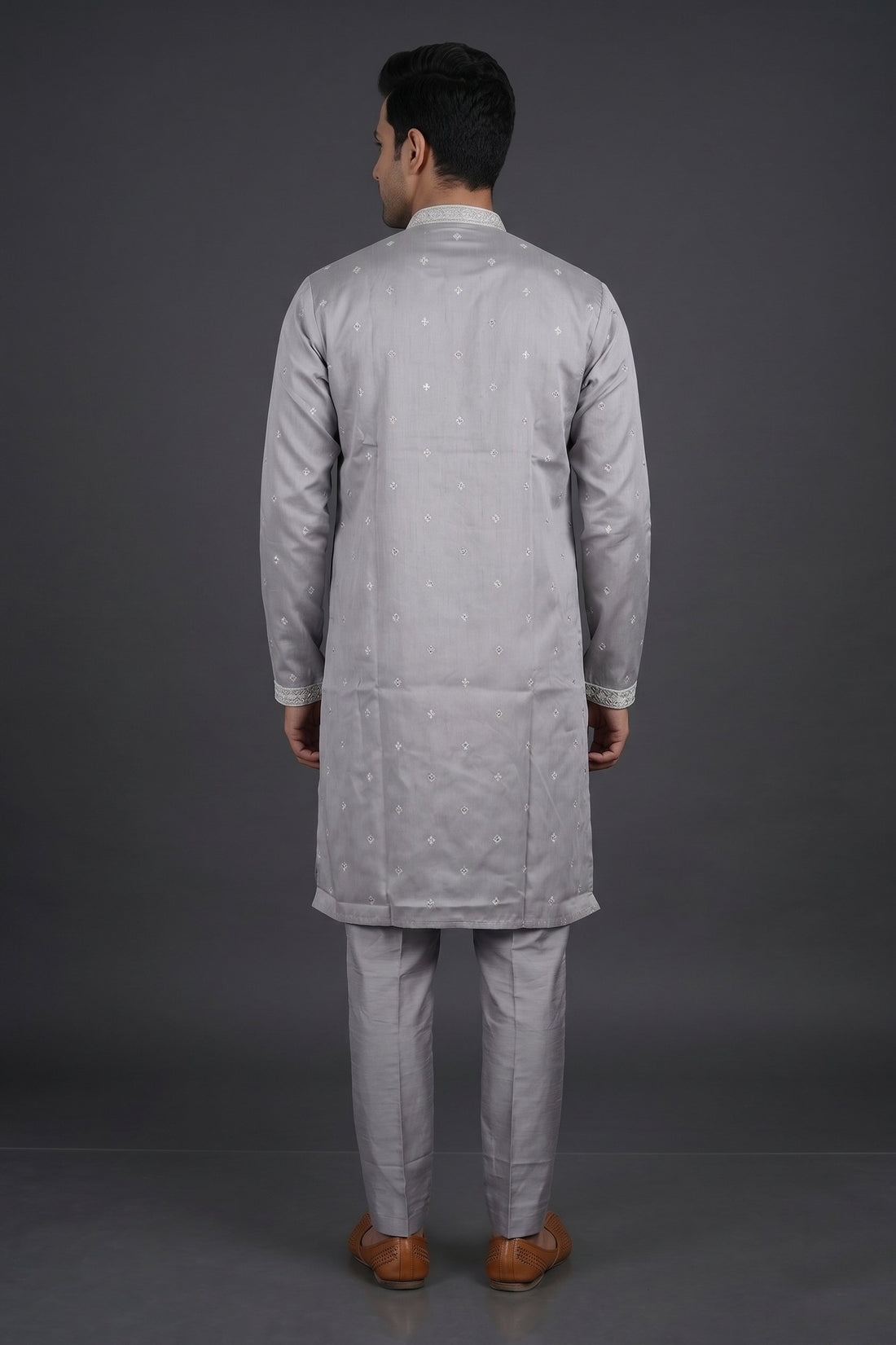 Silver Grey Embroidered Festive Kurta Set For Men