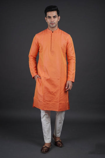 Vibrant Orange Classic Kurta For Men