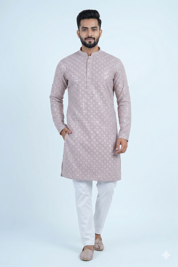 Peach Geometric Printed Men’S Kurta