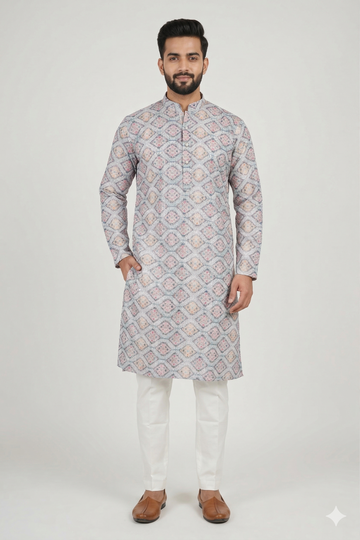 Pastel Grey Geometric Printed Men’S Kurta