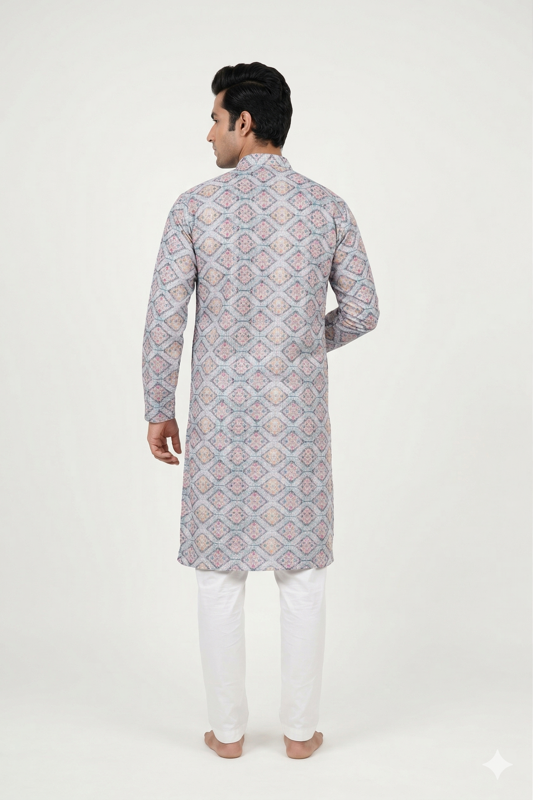 Pastel Grey Geometric Printed Men’S Kurta