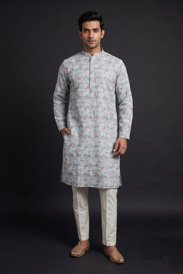 Ice Blue Floral Textured Kurta