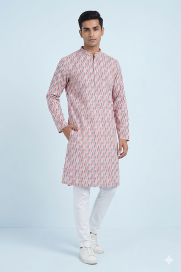 Peach Ivory Ikat Print Men’S Kurta