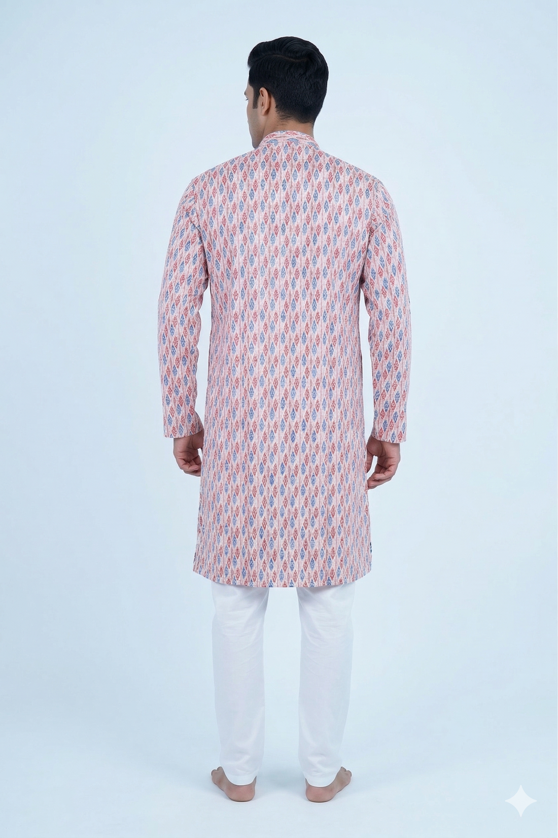 Peach Ivory Ikat Print Men’S Kurta