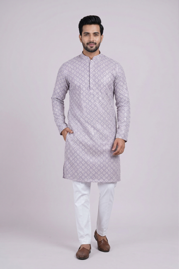 Classic Grey Diamond Print Men’S Kurta