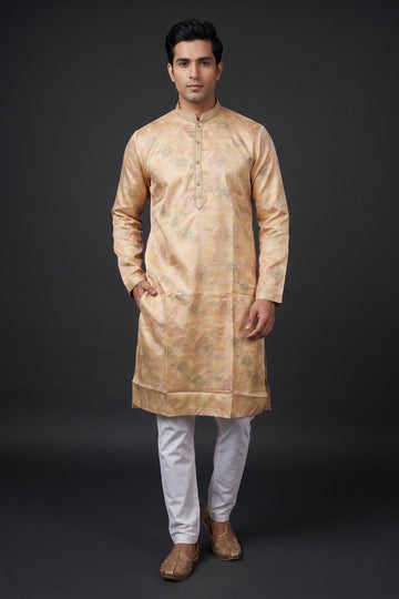 Golden Beige Floral Woven Festive Kurta For Men