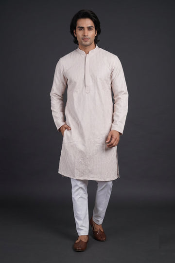 Ivory White Textured Ethnic Kurta For Men