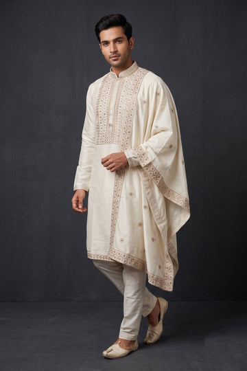 Royal Ivory Embroidered Ethnic Kurta For Men