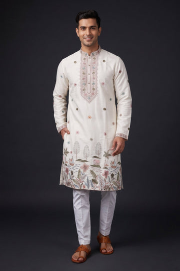 Ivory Floral Embroidered Festive Kurta For Men