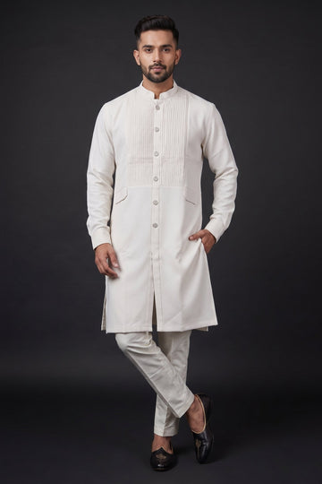 Classic Ivory Pleated Indo-Western Kurta For Men