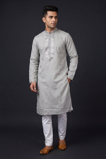 Silver Grey Embroidered Festive Kurta For Men