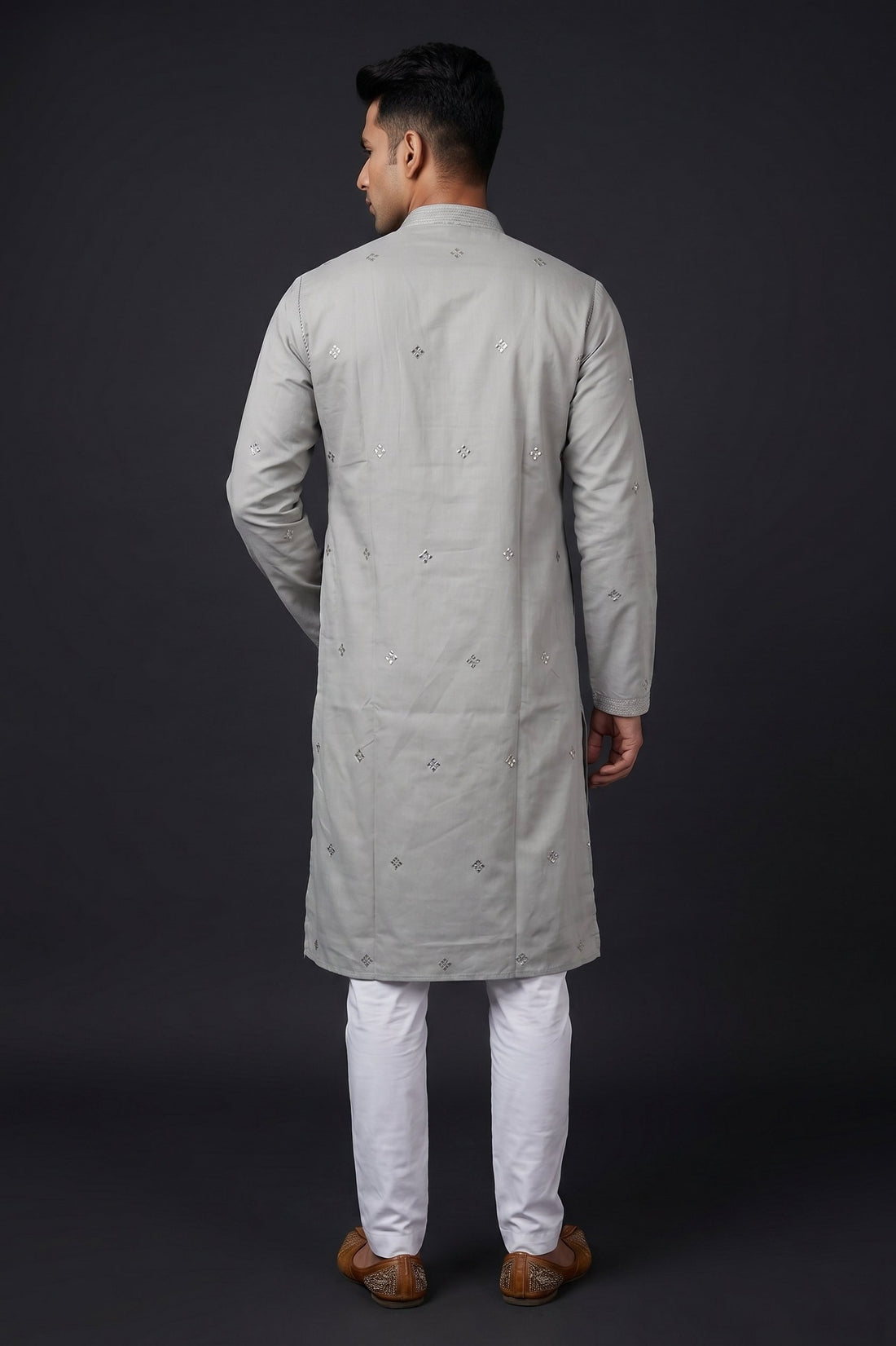 Silver Grey Embroidered Festive Kurta For Men