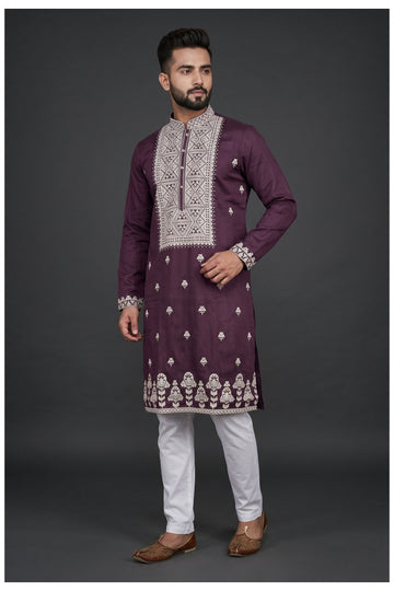 Wine Embroidered Men'S Kurta