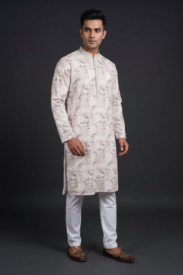 Ivory Beige Floral Printed Festive Kurta