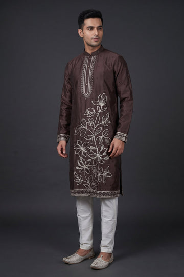 Royal Chocolate Brown Floral Embroidered Kurta