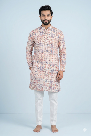 Elegant Beige Multi Floral Print Men’S Kurta