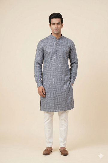 Classic Grey Geometric Print Men’S Kurta