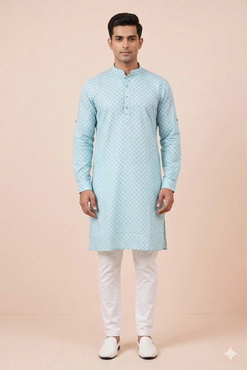 Sky Blue Diamond Print Classic Men’S Kurta