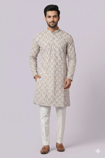 Ivory Beige Ethnic Motif Printed Men’S Kurta