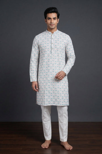 Ivory Pastel Printed Ethnic Kurta For Men