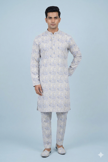 Ivory Blue Heritage Print Men’S Kurta