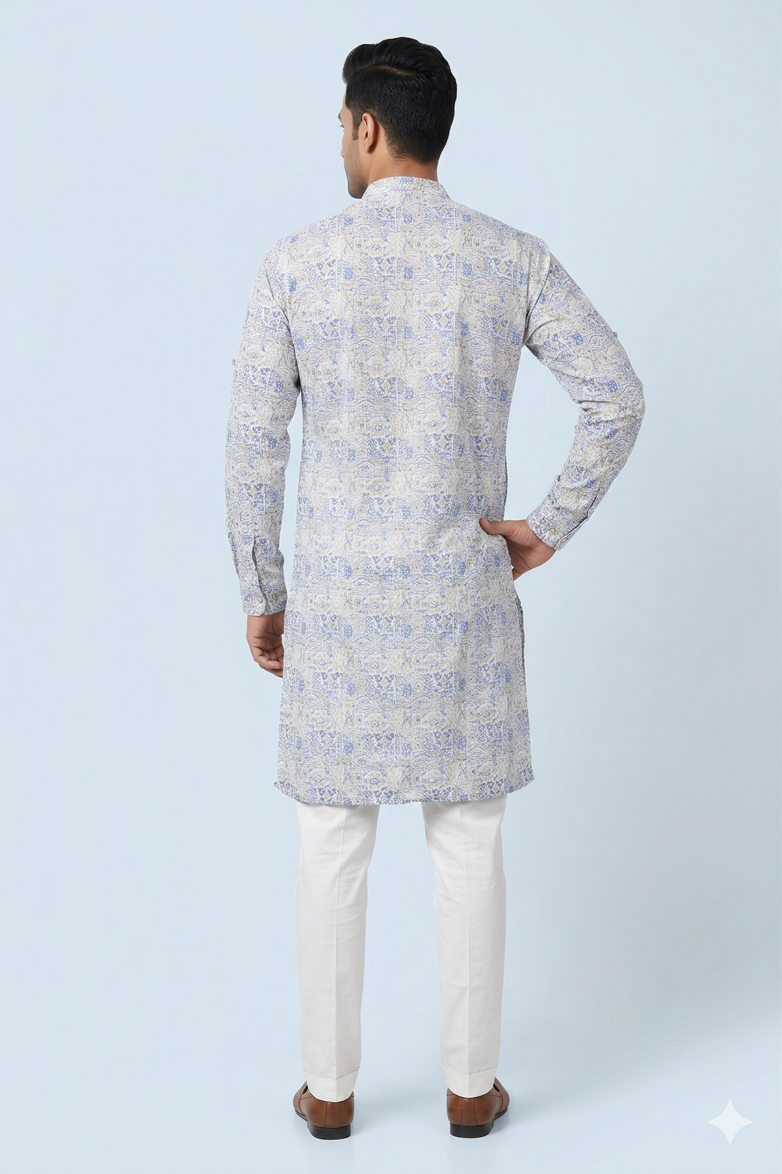 Ivory Blue Heritage Print Men’S Kurta