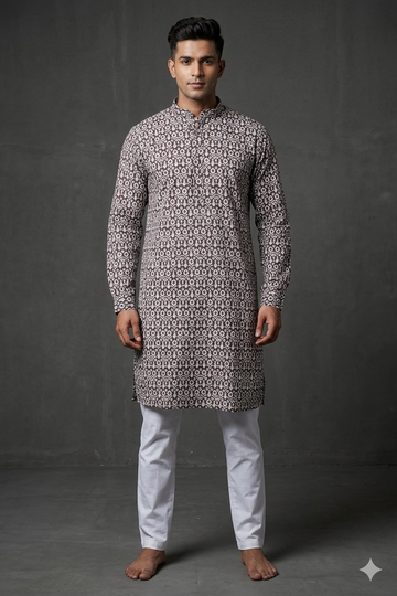 Classic Brown Floral Print Men’S Kurta