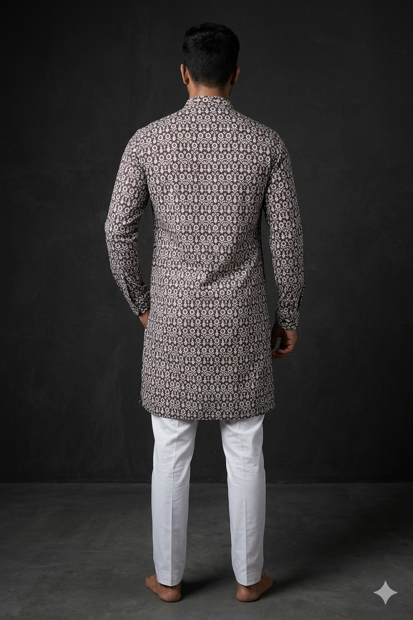 Classic Brown Floral Print Men’S Kurta