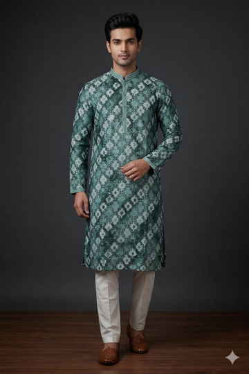 Emerald Green Printed Ethnic Men’S Kurta