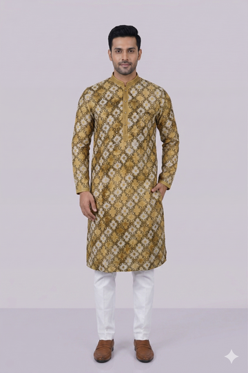 Mustard Gold Printed Designer Men’S Kurta
