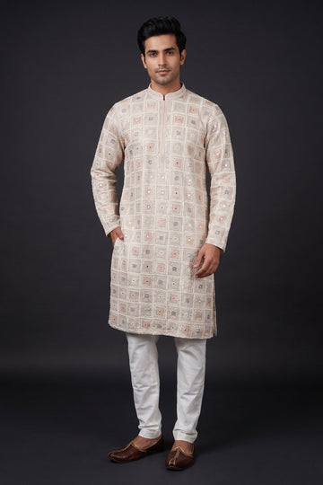Ivory Peach Geometric Embroidered Kurta