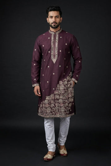 Royal Wine Elephant Motif Embroidered Kurta
