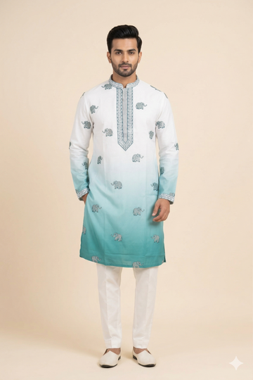 Ombre Aqua Elephant Motif Embroidered Men’S Kurta