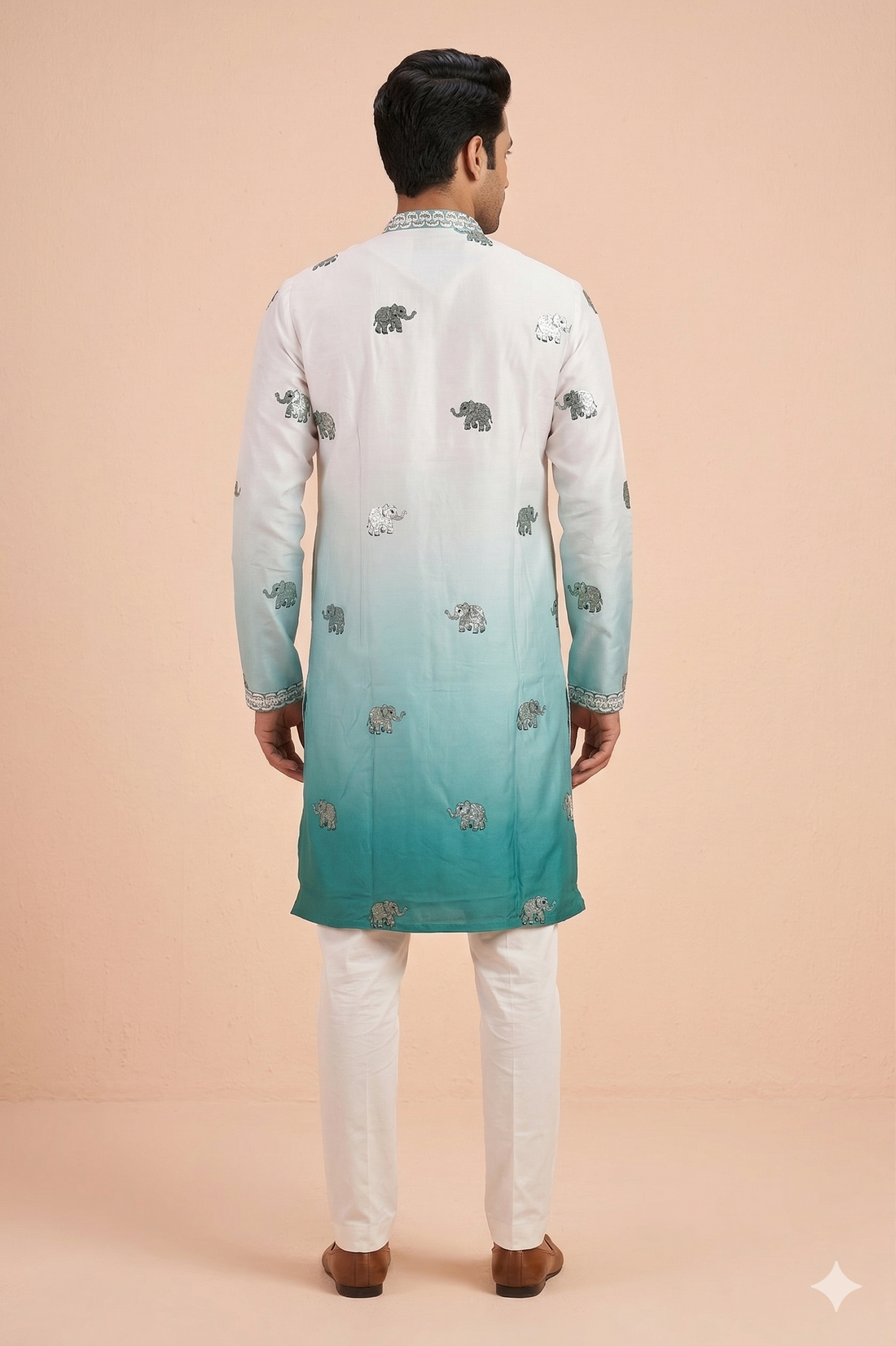 Ombre Aqua Elephant Motif Embroidered Men’S Kurta