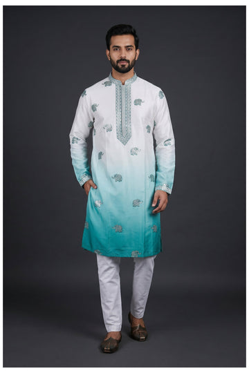 Teal Ombre Elephant Embroidered Men'S Kurta