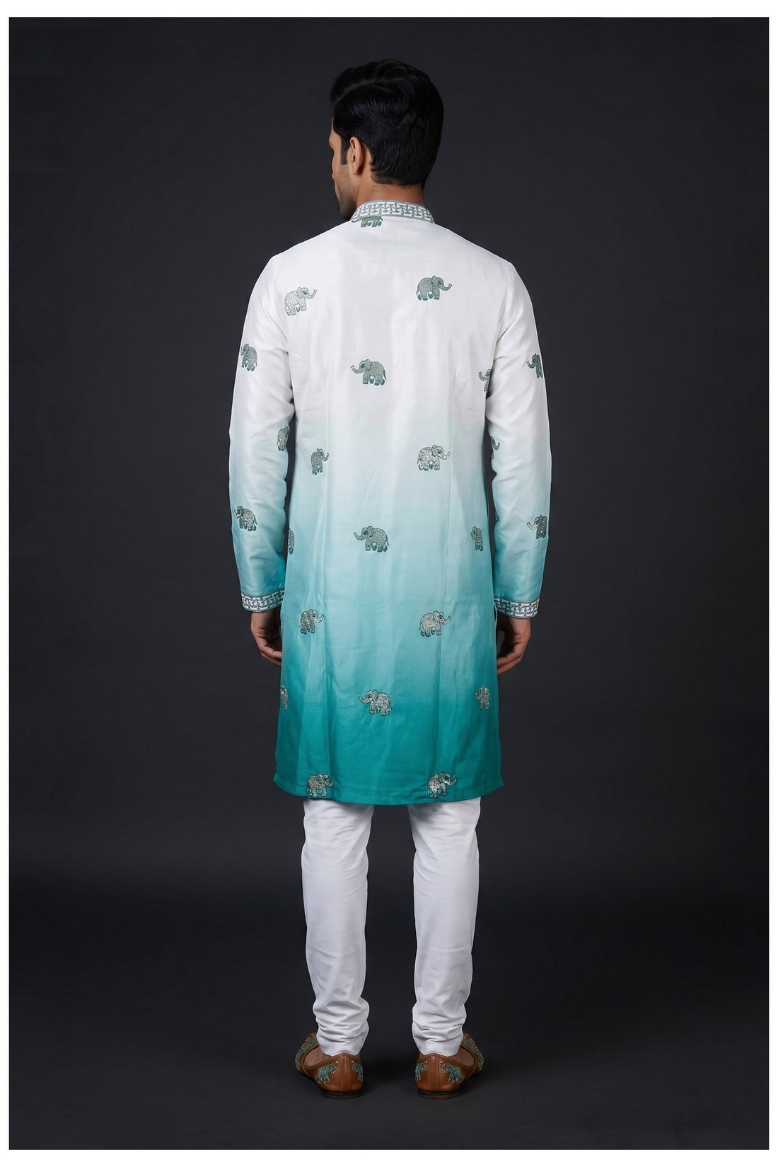 Teal Ombre Elephant Embroidered Men'S Kurta