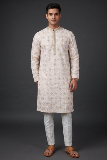 Pastel Beige Geometric Embroidered Kurta For Men