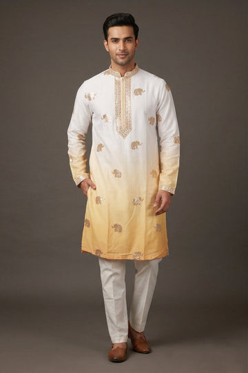 Ivory To Mustard Ombre Elephant Motif Men’S Kurta