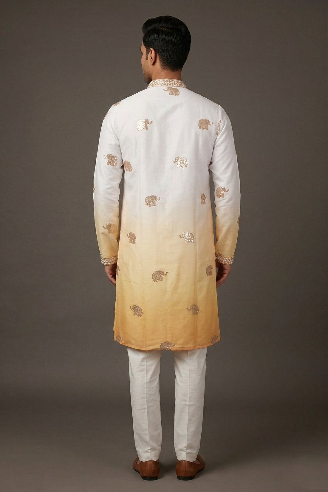 Ivory To Mustard Ombre Elephant Motif Men’S Kurta