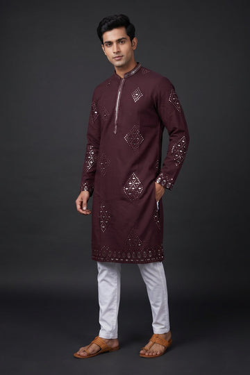 Royal Wine Mirror Work Festive Kurta For Men